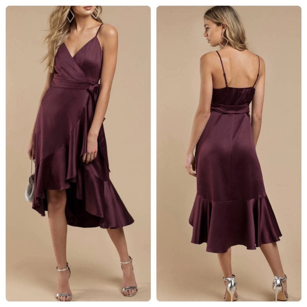 V-Neck Flounce Hi-Low Midi Length Wrap Dress